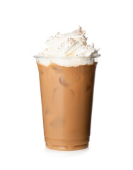 Glass of iced coffee with milk and whipped cream on white background