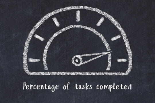 Chalk Sketch Of Speedometer With High Value And Iscription Percentage Of Tasks Completed. Concept Of Hight KPI