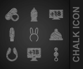 Set Mask with long bunny ears, Monitor 18 plus content, Anal beads, Condom, Dildo vibrator, and Pills for potency, aphrodisiac icon. Vector
