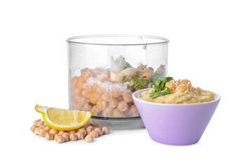 Composition with blender, tasty hummus and ingredients on white background