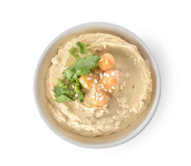 Bowl with tasty hummus on white background