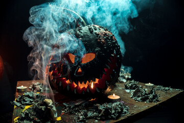 scary art halloween celebration weird pumpkins black and white in smoke and dark