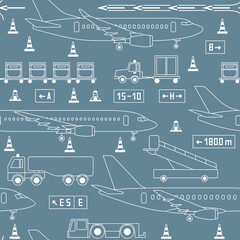 seamless pattern with airplanes, airport vehicles on gray background