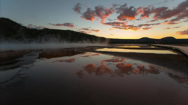 Time Lapse Shot Of People Photographing At Yellowstone National Park During Sunset