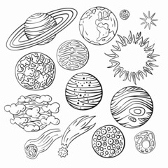 Set of hand drawn doodle planets, sun, asteroids and star. Cartoon space illustration.