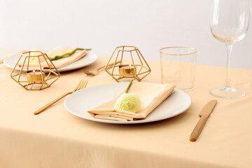 Stylish table setting and ranunculus flower on color background