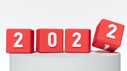 Abstract 2021 to 2022 new year concept transition with red cubes with white background. Change calendar. Minimalist style counter. 3d render