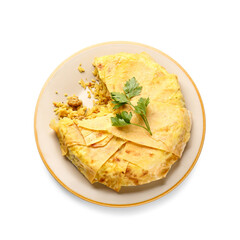 Plate with tasty Shah Pilaf on white background