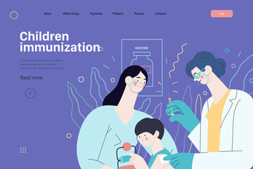 Childhood immunization - medical insurance web template. Modern flat vector