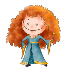 Cute little funny ginger girl in a nice halloween costume fairy medieval princess with a wand