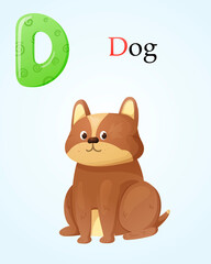 Kids banner template with english alphabet letter D and cartoon image of a cute sitting dog pet.