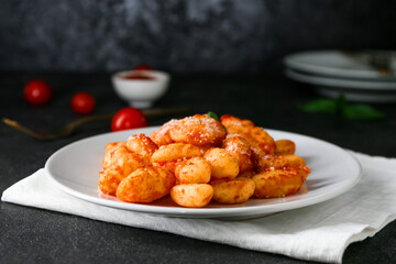Delicious gnocchi with tomato sauce in plate on dark table