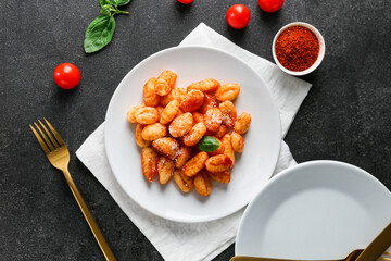 Delicious gnocchi with tomato sauce in plate on dark table