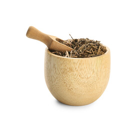 Bowl of dry hojicha green tea on white background