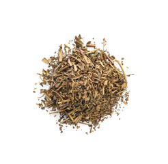 Pile of dry hojicha green tea on white background