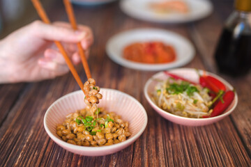Natto - traditional Japanese food made from soybeans that have been fermented with Bacillus subtilis var. natto. It is often served as a breakfast food.