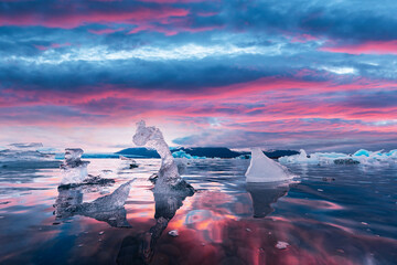 Icebergs in Jokulsarlon glacial lagoon. Vatnajokull National Park, southeast Iceland, Europe....