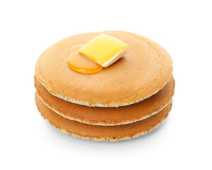 Tasty pancakes with honey and piece of butter on white background