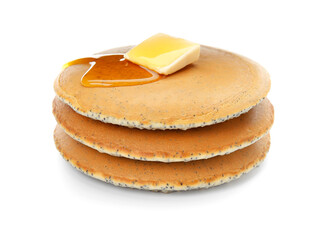 Tasty pancakes with honey and piece of butter on white background