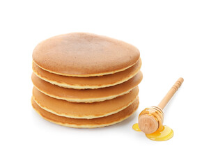 Tasty pancakes with honey on white background