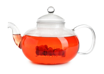 Teapot of tasty tea with cranberry on white background