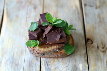  Dark chocolate pieces and fresh mint leaves.