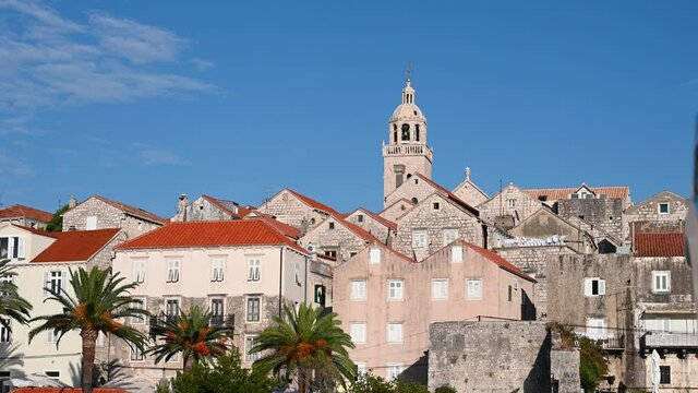 Old stone tower in historic town of Korcula, Croatia. Walls and towers in old castle.	