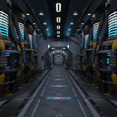 3D-illustration of a large corridor in a science fiction starship