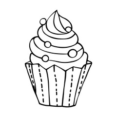 Vector illustration of muffin with cream in doodle style. Cute hand drawn cupcake. For greeting cards, posters, labels and designs recipes, food design, bakery, pastry shops, cafe.