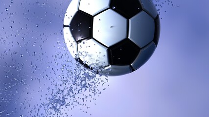 Naklejka premium Soccer Ball with Diamond Water Particles under Blue Sky Lighting Background. 3D illustration. 3D high quality rendering. 3D CG.