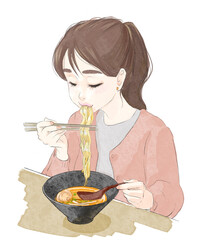 ラーメンを食べる女性
