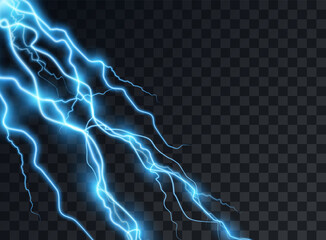 Lightning, flash, bright blue transparent. Electric current, discharge. Great power. Vector overlay element on a dark isolated background.