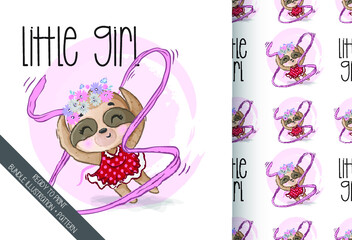 Cute animal sloth dancing girl seamless pattern: can be used for cards, invitations, baby shower, posters  with white isolated background  © sadewotito