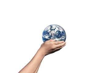 Earth, globe in hand isolated on white background. Elements of this image furnished by NASA