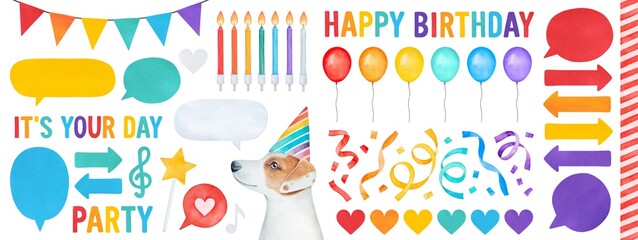 Water color illustration set of colorful "Happy Birthday" elements on white background: little puppy with party hat, air balloons, birthday cake candles, streamers, love heart shape, music notes, etc.