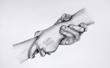 Drawing giving a helping hand. Sketch of two hands holding each other.