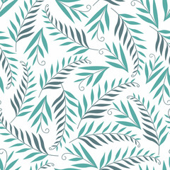 Seamless floral natural abstract pattern , green leaves on white  background. Folk art style. Hand drawing. Design for textiles, wallpapers, printed products. Vector illustration