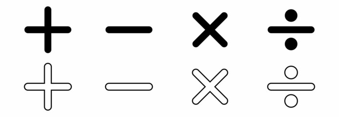 basic mathematical icon, basic mathematical symbol plus sign, minus sign, division sign, multiplications sign vector symbol icon