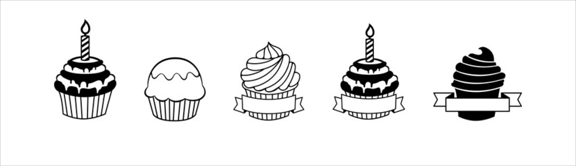 Cupcake icon set. Cupcake vector icons set. Cute birthday cake vector illustration. Graphic design resource template