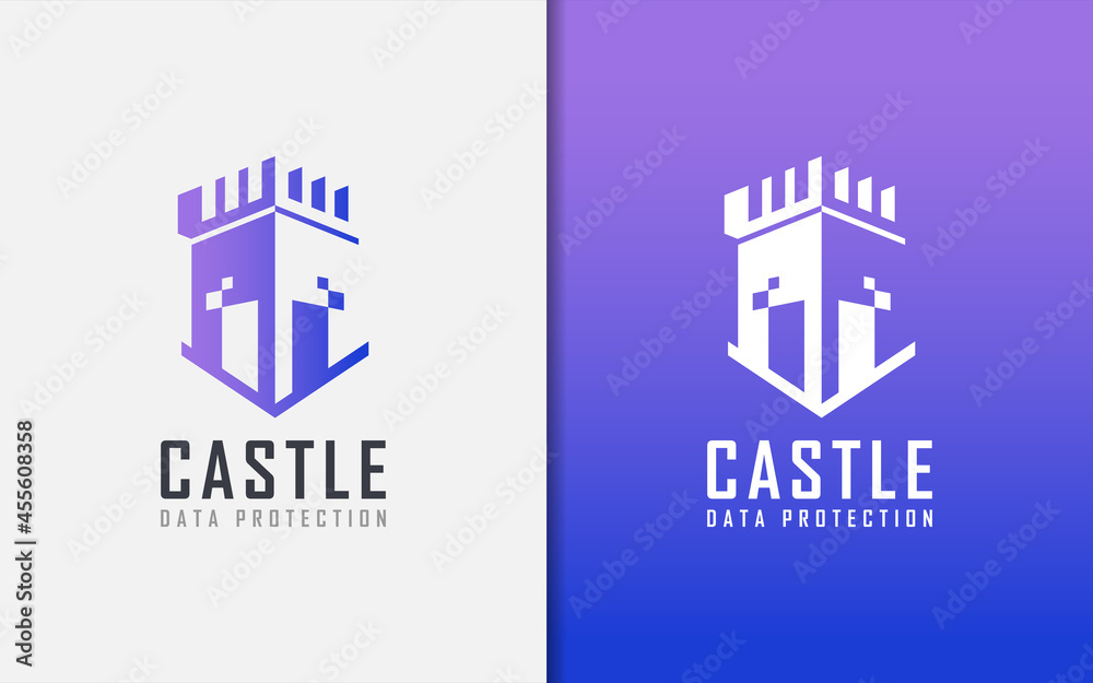 Aufkleber abstract castle logo with digital data shape and shield emblem combination concept.