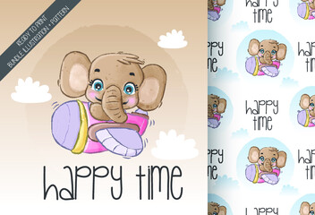 Cute animal baby elephant happy flying with airplane  seamless pattern: can be used for cards, invitations, baby shower, posters; with white isolated background
 