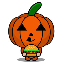 vector illustration of cute halloween mascot pumpkin cartoon character eating burger
