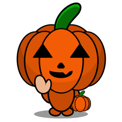 vector illustration of cute halloween mascot pumpkin cartoon character holding a pumpkin waving