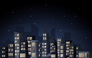 Night City Urban Skyscraper Building Cityscape View Flat Design Illustration