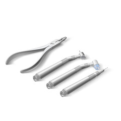 Basic Dentist Instruments Laid out Against White Backdrop. A set of Metal Medical Equipment for Teeth Dental Care. Dental Hygiene and Healthcare Concept