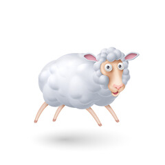 Illustration of One Cute Fluffy Sheep. Cartoon Illustration of Jumping Sheep on White Background. Perfect Template for Children Event Designs, Birthday Cards, or Book Covers