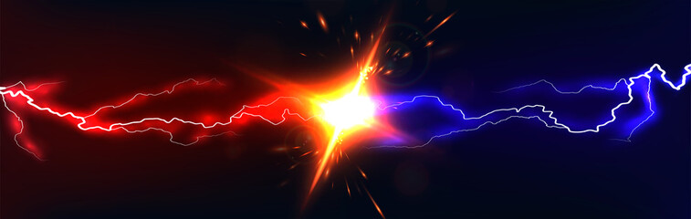 Obraz na płótnie Canvas Lightning collision on dark background, versus banner. Powerful colored lightnings and the flash from the collision. VS banner. Vector Illustration of battle challenge collision. Versus battle concept