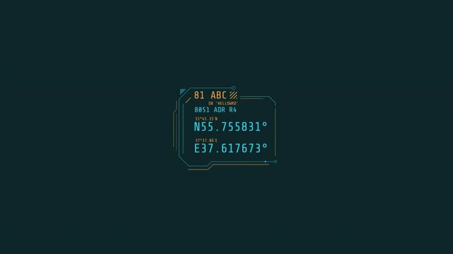 Animated HUD infographic element with geographic coordinates.