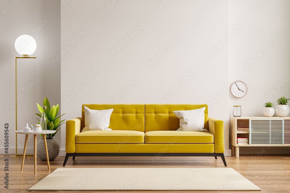 Wall mural yellow sofa and wooden table in living room interior with plant,white wall.