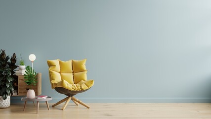 Fototapeta na wymiar Living room with wooden table and yellow armchair on empty light blue wall background.